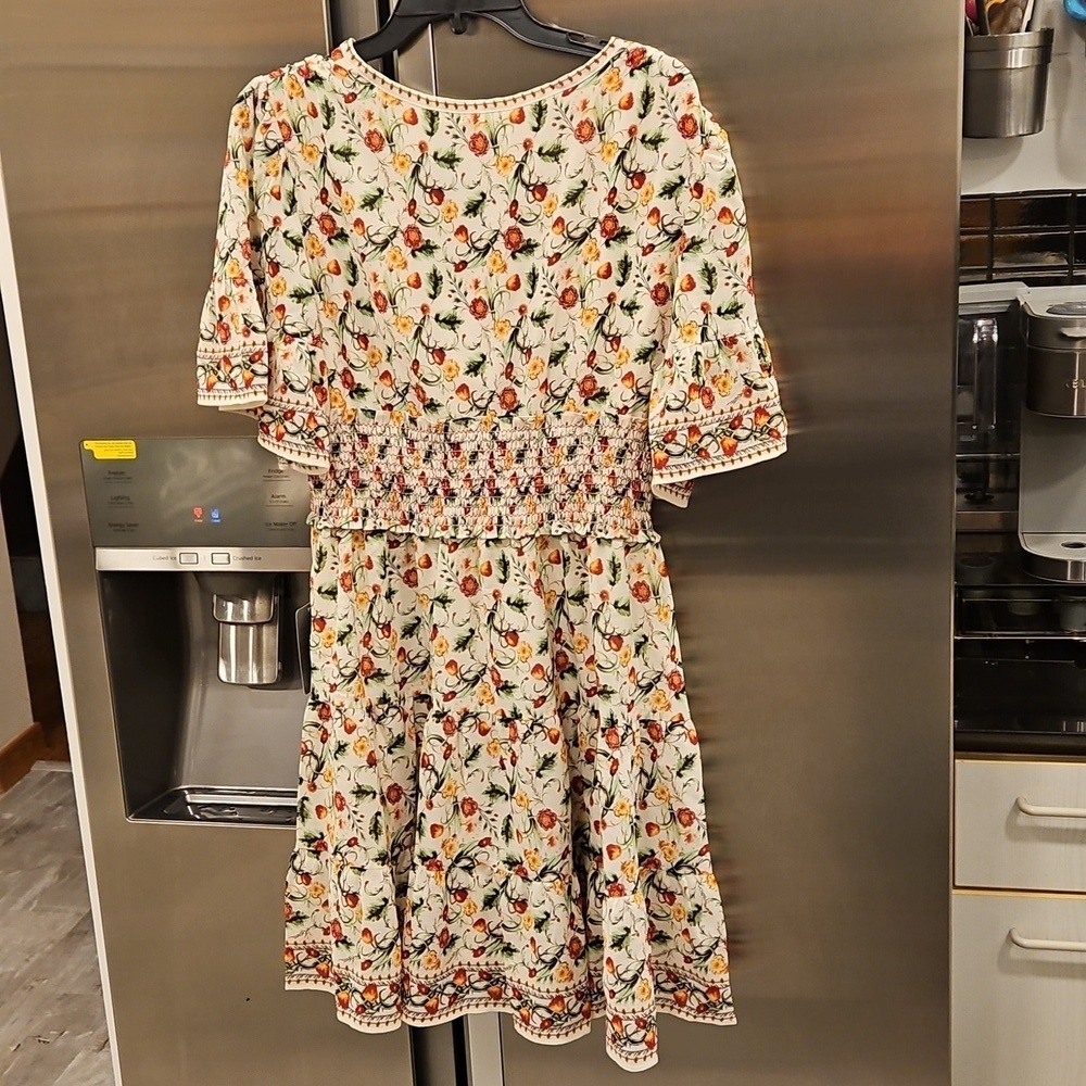 💕MAX STUDIO💕 Short Bell Sleeve Fit & Flare Dress Floral Foliage Large L NWT - Picture 6 of 14
